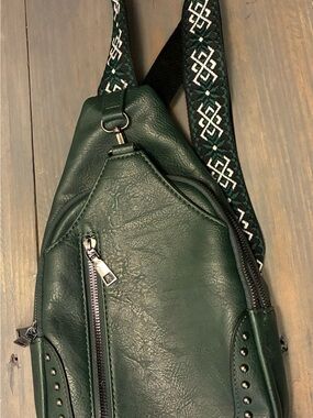 Forest Green Vegan Leather Crossbody Sling Bag with Patterned Strap